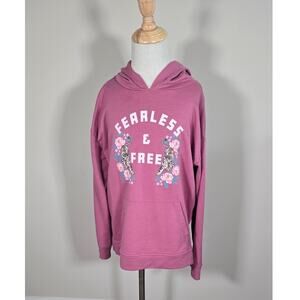 Girls Pink Graphic Hoodie Fearless & Free Floral Pullover Size 8 10 Tween Casual